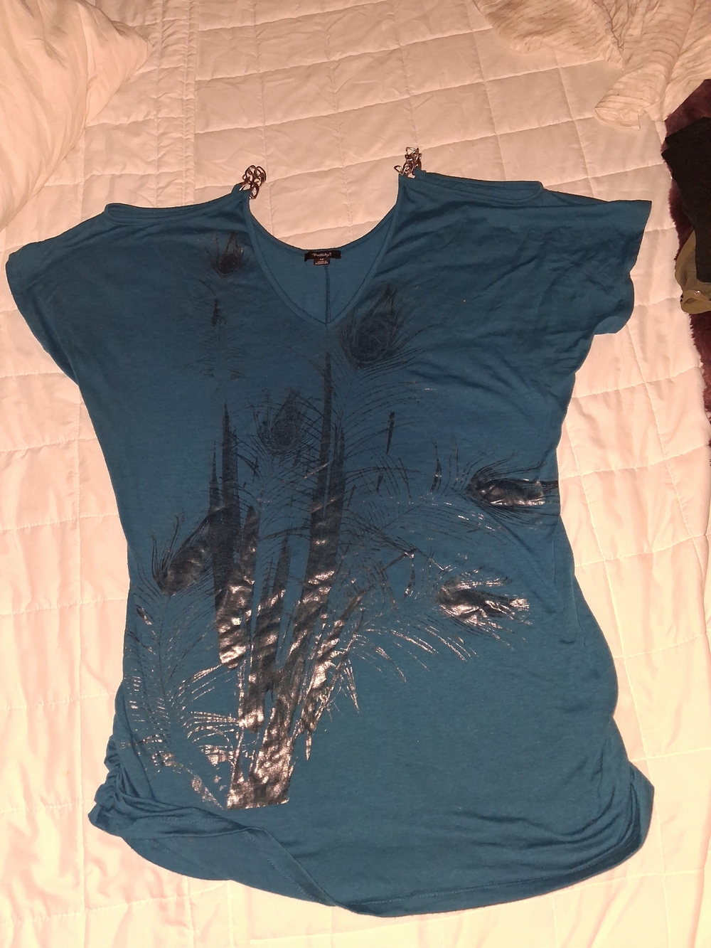 Rhapsody Teal Short-Sleeve V-Neck Top with Metallic Feather Detail